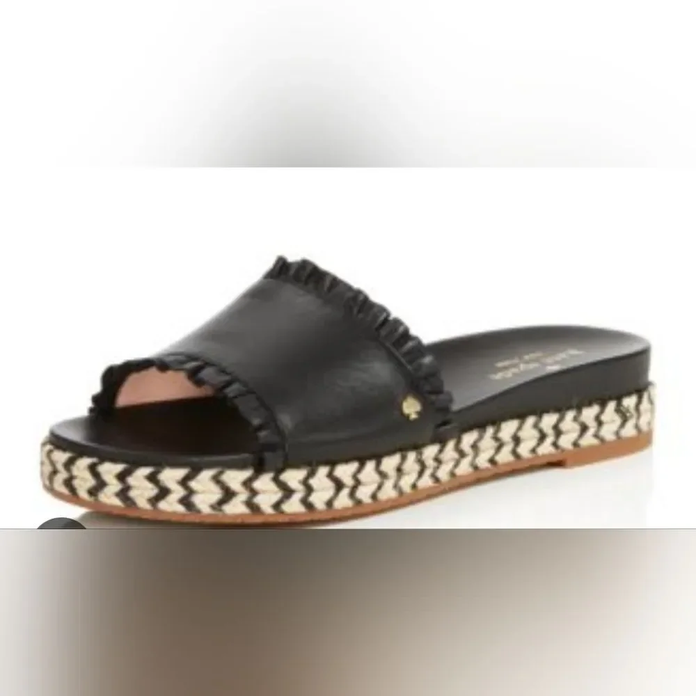 NEW Kate Spade Zahara Leather Slide Black Leather Espadrille Slides 6 M